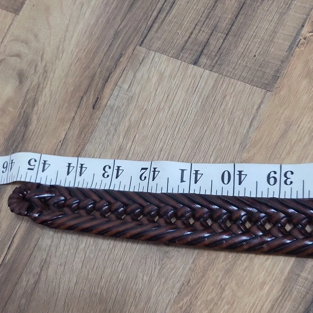 Black Brown Leather Woven Belt with Silvertone Buckle -38/40 (+/-)